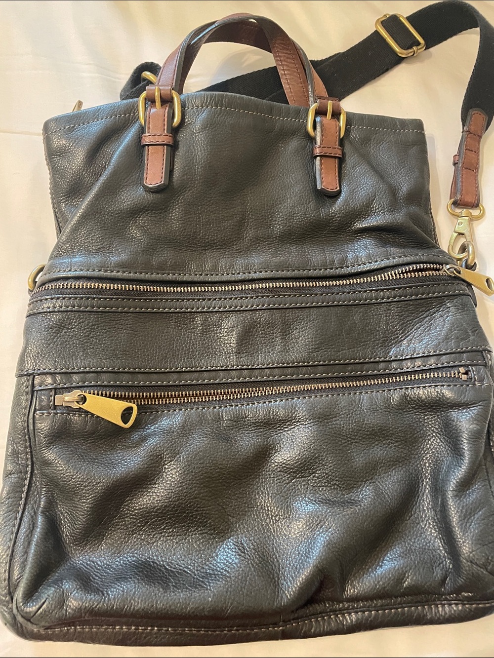 Fossil Black Crossbody Leather Bag with Brown Trim